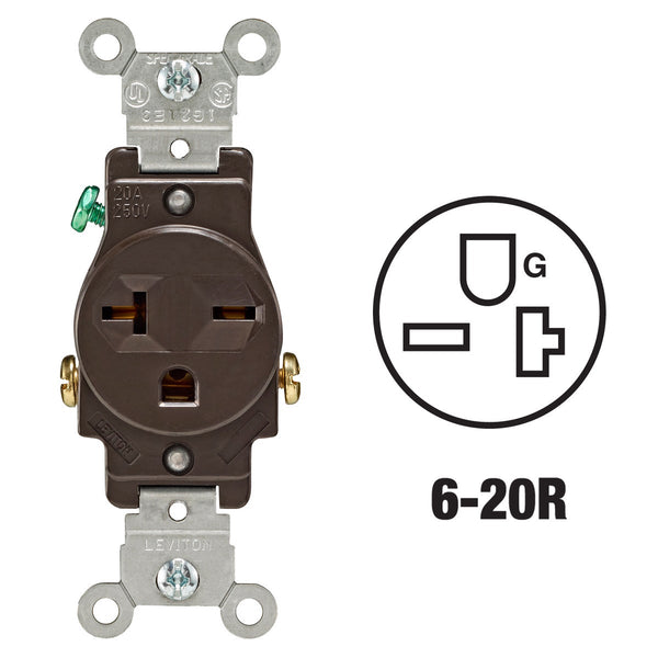 Leviton 20A Brown Heavy-Duty 6-20R Grounding Single Outlet