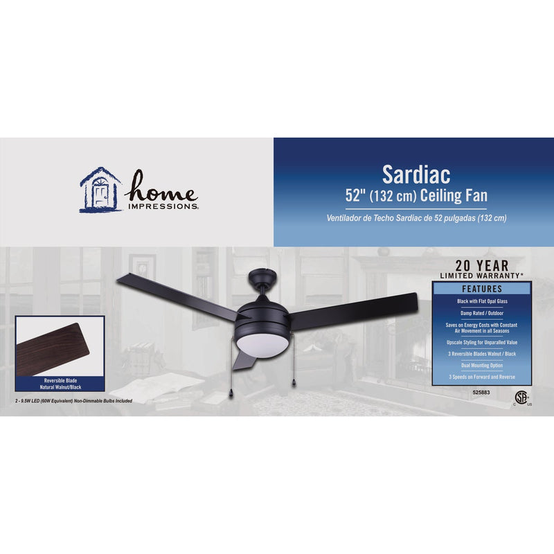 Home Impressions Sardiac 52 In. Black Outdoor Ceiling Fan with Light Kit