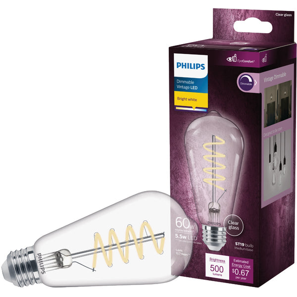 Philips 60W Equivalent Bright White ST19 Medium Dimmable Vintage LED Decorative Light Bulb