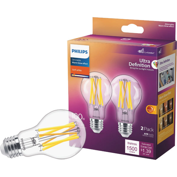 Philips Ultra Definition Warm Glow Vintage 100W Equivalent Soft White A19 Medium LED Light Bulb (2-Pack)