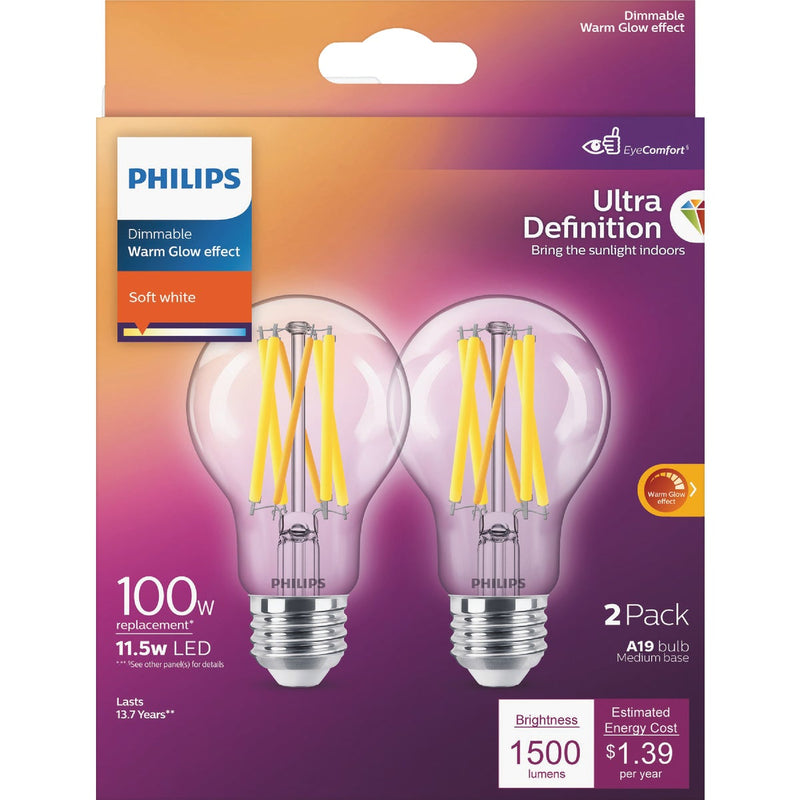 Philips Ultra Definition Warm Glow Vintage 100W Equivalent Soft White A19 Medium LED Light Bulb (2-Pack)