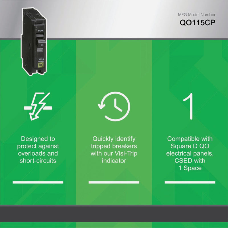 Square D QO 15A Single-Pole Standard Trip Circuit Breaker