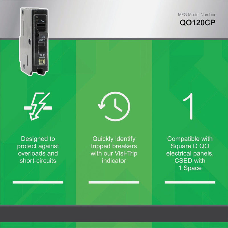 Square D QO 20A Single-Pole Standard Trip Circuit Breaker