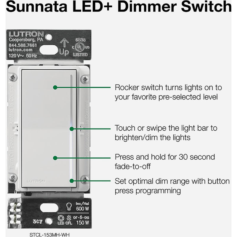 Lutron Sunnata White 150W Single-Pole/3-Way Touch Dimmer