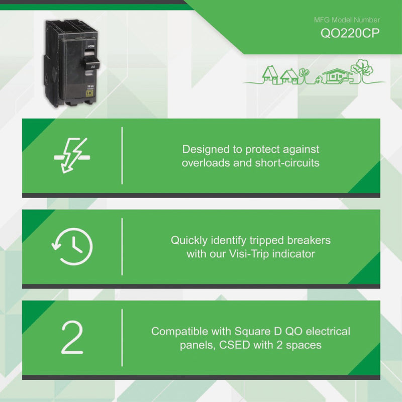 Square D QO 20A Double-Pole Standard Trip Circuit Breaker