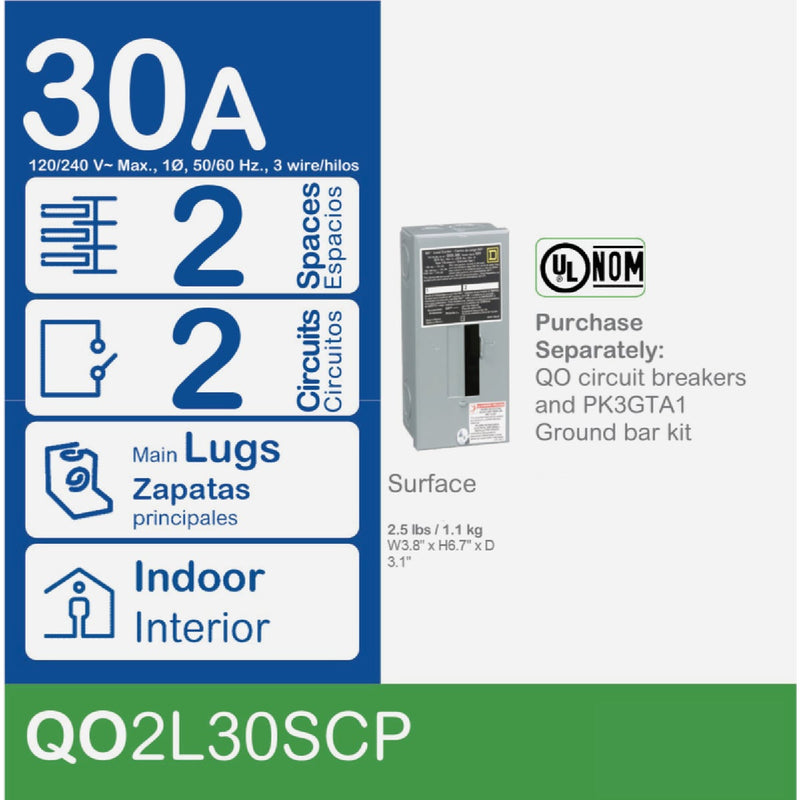 Square D QO 30A 2-Space 2-Circuit Indoor Main Lug Load Center