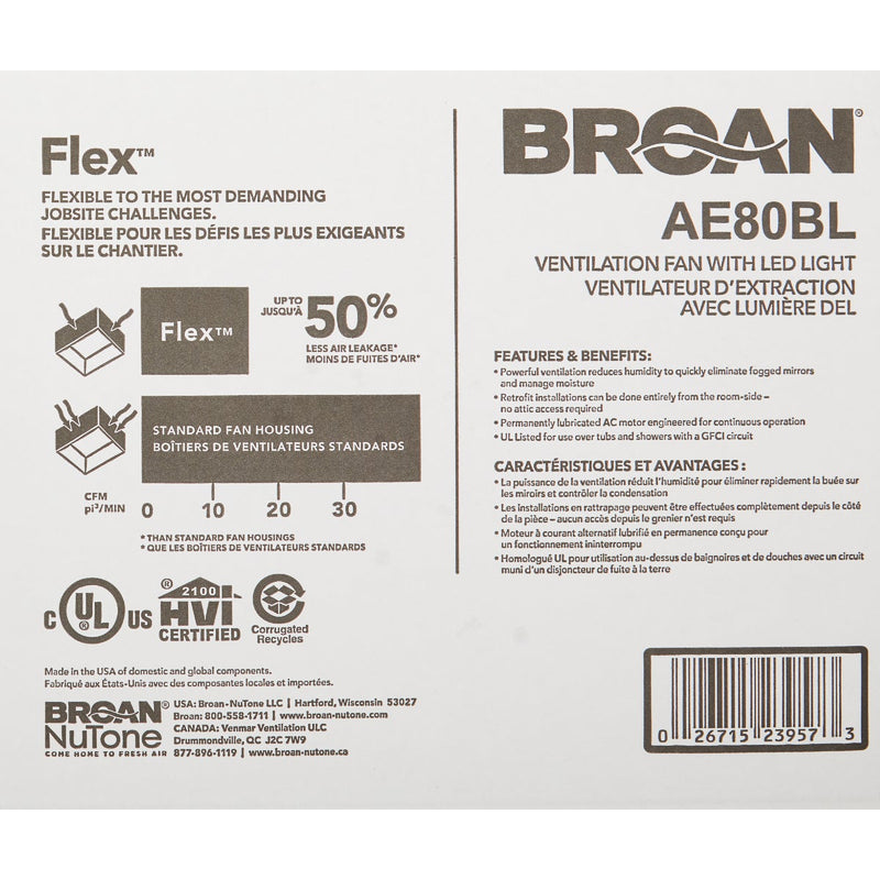 Broan Flex Series 80 CFM 1.2 Sones 120V Ventilation Fan with LED Light