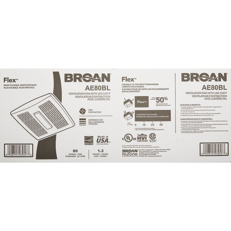 Broan Flex Series 80 CFM 1.2 Sones 120V Ventilation Fan with LED Light