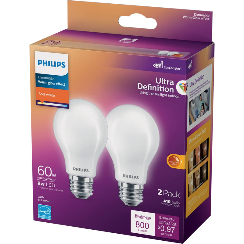 Philips Ultra Definition Warm Glow 60W Equivalent Soft White A19 Medium LED Light Bulb (2-Pack)