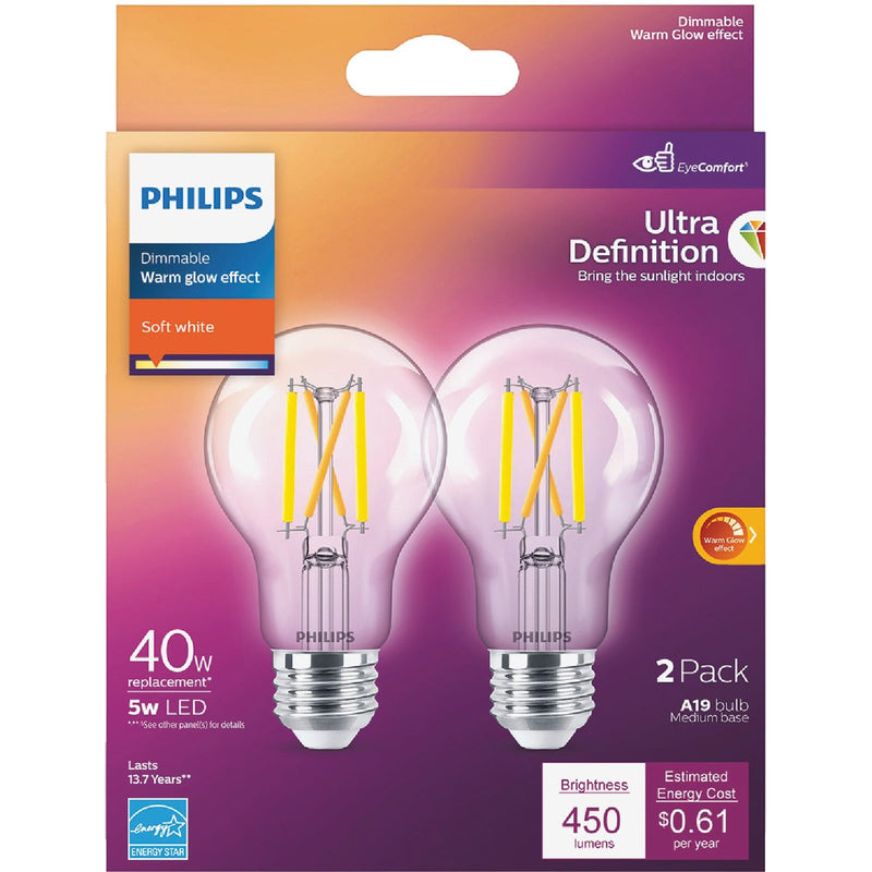 Philips Warm Glow 40W Equivalent Soft White A19 Medium Dimmable LED Light Bulb (2-Pack)