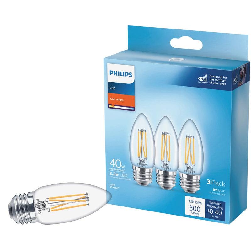 Philips 40W Equivalent Soft White B11 Medium Clear LED Decorative Light Bulb (3-Pack)