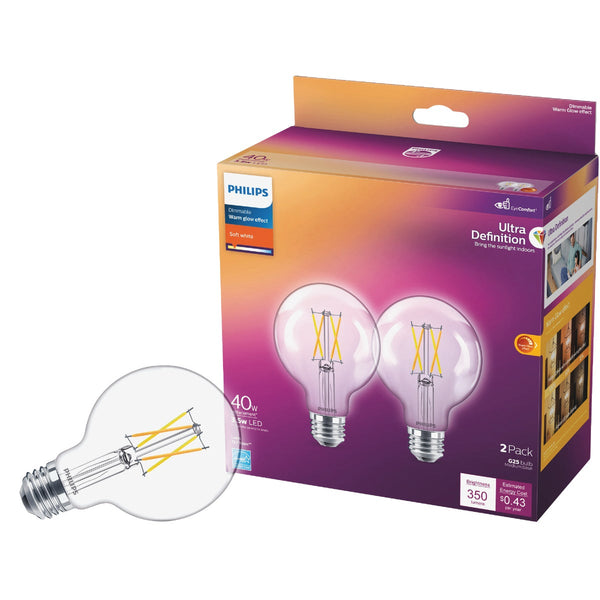 Philips Warm Glow 40W Equivalent Soft White G25 Medium Clear Dimmable LED Decorative Globe Light Bulb (2-Pack)