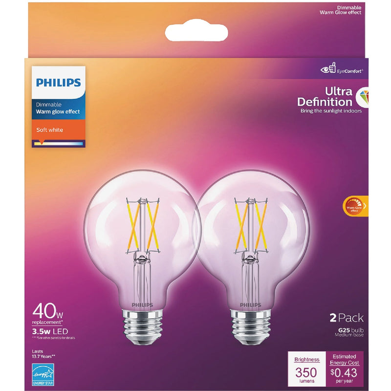 Philips Warm Glow 40W Equivalent Soft White G25 Medium Clear Dimmable LED Decorative Globe Light Bulb (2-Pack)