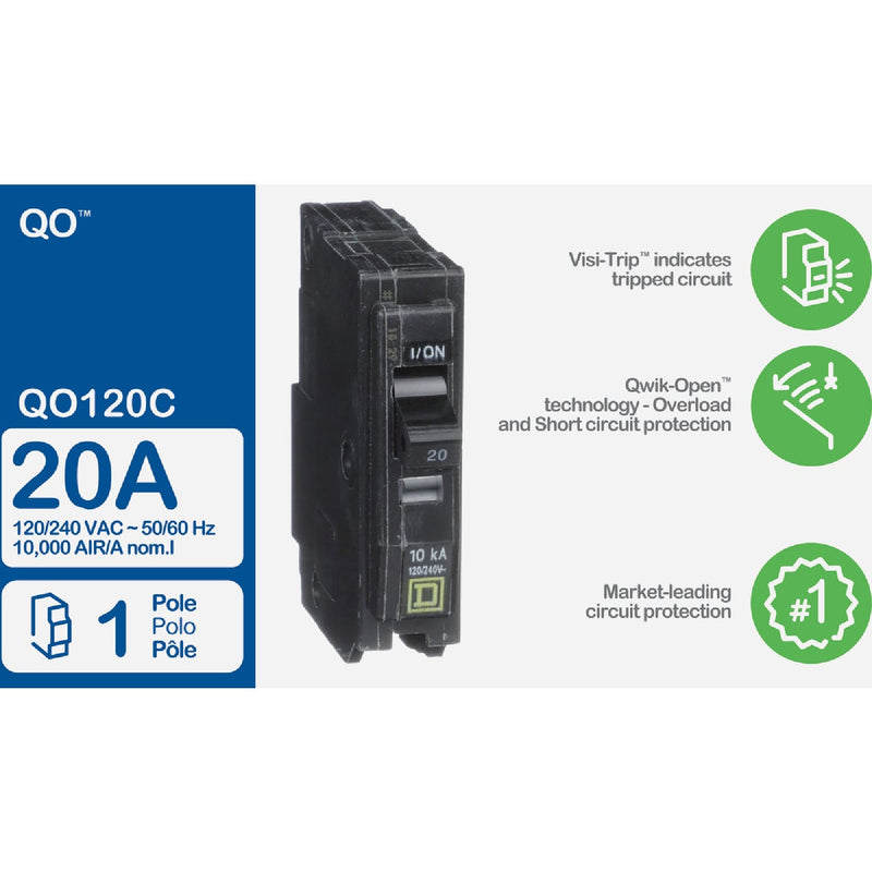 Square D QO 20A Single-Pole Standard Trip Circuit Breaker