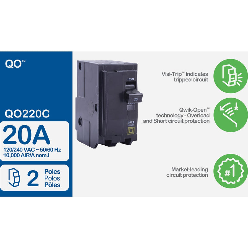 Square D QO 20A Double-Pole Standard Trip Circuit Breaker