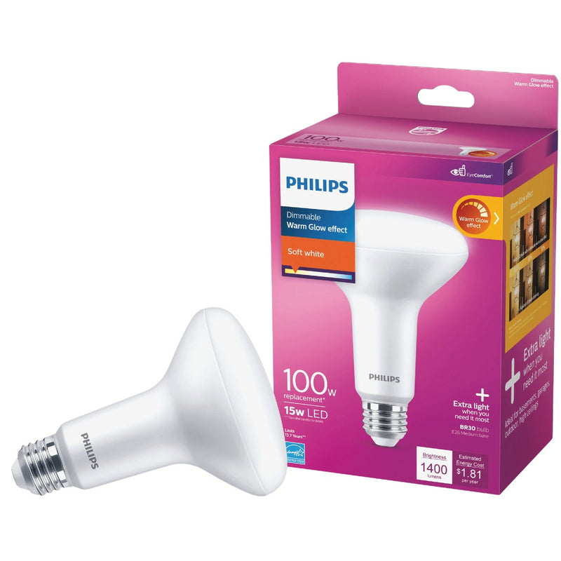 Philips Warm Glow 100W Equivalent Soft White BR30 Medium Dimmable LED Floodlight Light Bulb