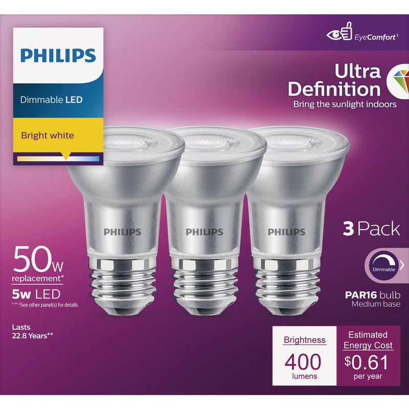 Philips Ultra Definition 50W Equivalent Bright White PAR16 Medium Dimmable LED Floodlight Light Bulb (3-Pack)