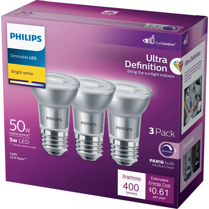 Philips Ultra Definition 50W Equivalent Bright White PAR16 Medium Dimmable LED Floodlight Light Bulb (3-Pack)