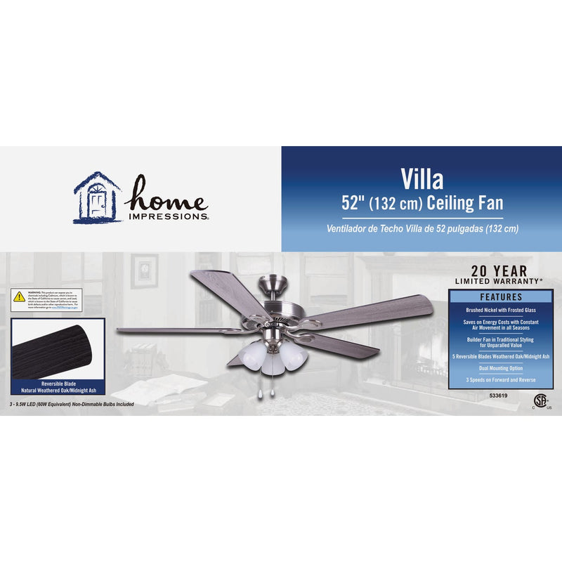 Home Impressions Villa 52 In. Brushed Nickel Ceiling Fan with Light Kit