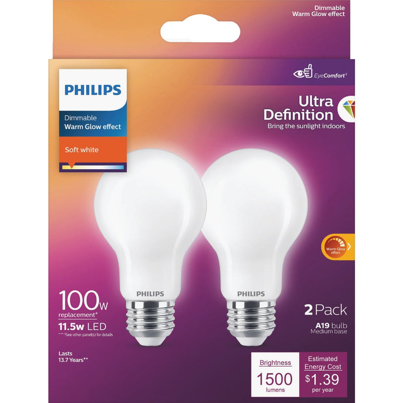 Philips Ultra Definition Warm Glow 100W Equivalent Soft White A19 Medium LED Light Bulb (2-Pack)