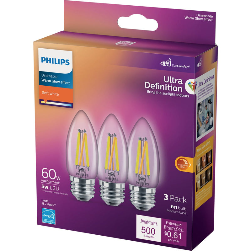 Philips Ultra Definition 60W Equivalent Soft White B11 Medium LED Decorative Light Bulb (3-Pack)