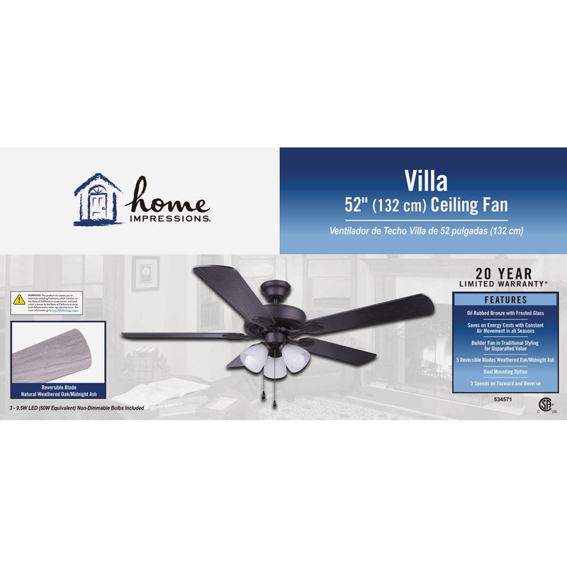 Home Impressions Villa 52 In. Oil Rubbed Bronze Ceiling Fan with Light Kit