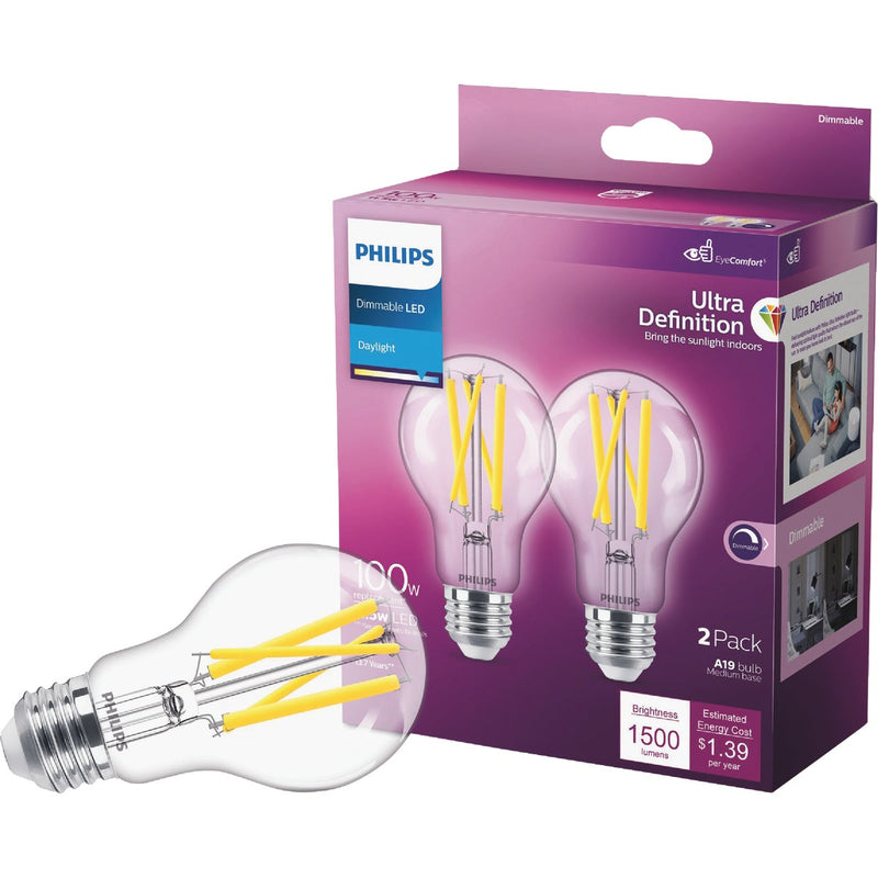 Philips Ultra Definition 100W Equivalent Daylight A19 Medium Dimmable LED Light Bulb, Clear (2-Pack)