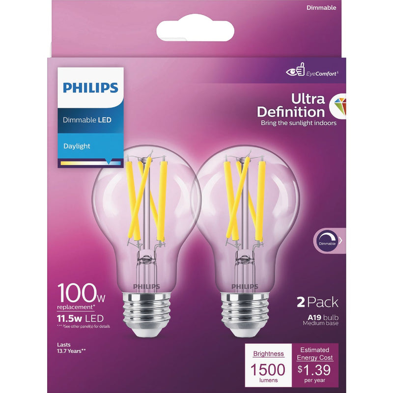 Philips Ultra Definition 100W Equivalent Daylight A19 Medium Dimmable LED Light Bulb, Clear (2-Pack)