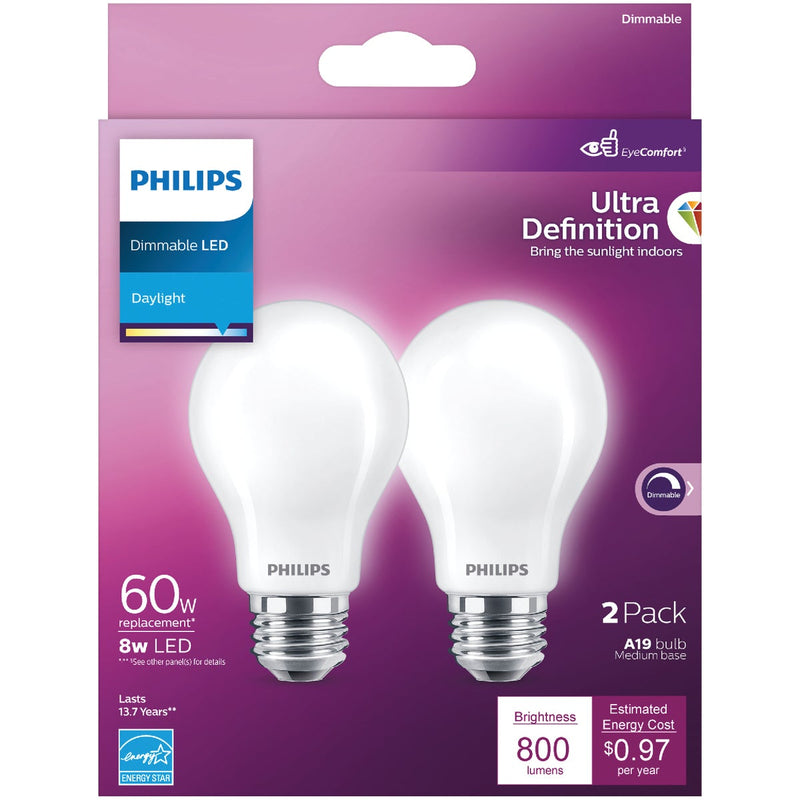 Philips Ultra Definition 60W Equivalent Daylight A19 Medium LED Light Bulb, Frosted (2-Pack)