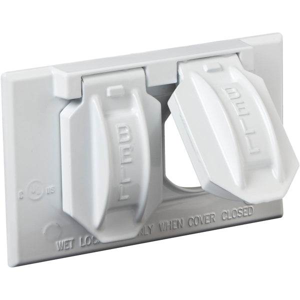 Bell Horizontal Mount Duplex Aluminum White Weatherproof Outdoor Outlet Cover