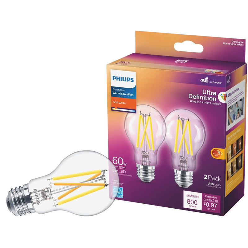 Philips Warm Glow 60W Equivalent Soft White A19 Medium Dimmable LED Light Bulb (2-Pack)