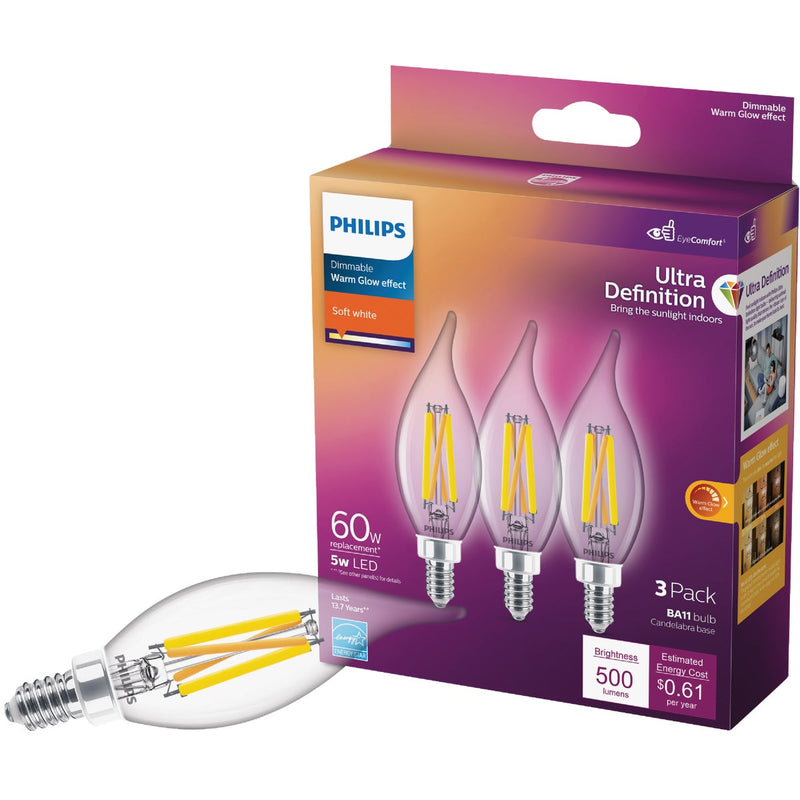 Philips Ultra Definition 60W Equivalent Soft White BA11 Candelabra LED Decorative Light Bulb (3-Pack)