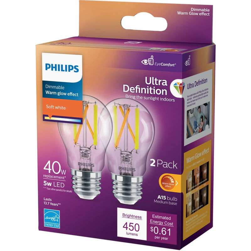 Philips Ultra Definition Warm Glow 40W Equivalent Soft White A15 Medium LED Light Bulb (2-Pack)