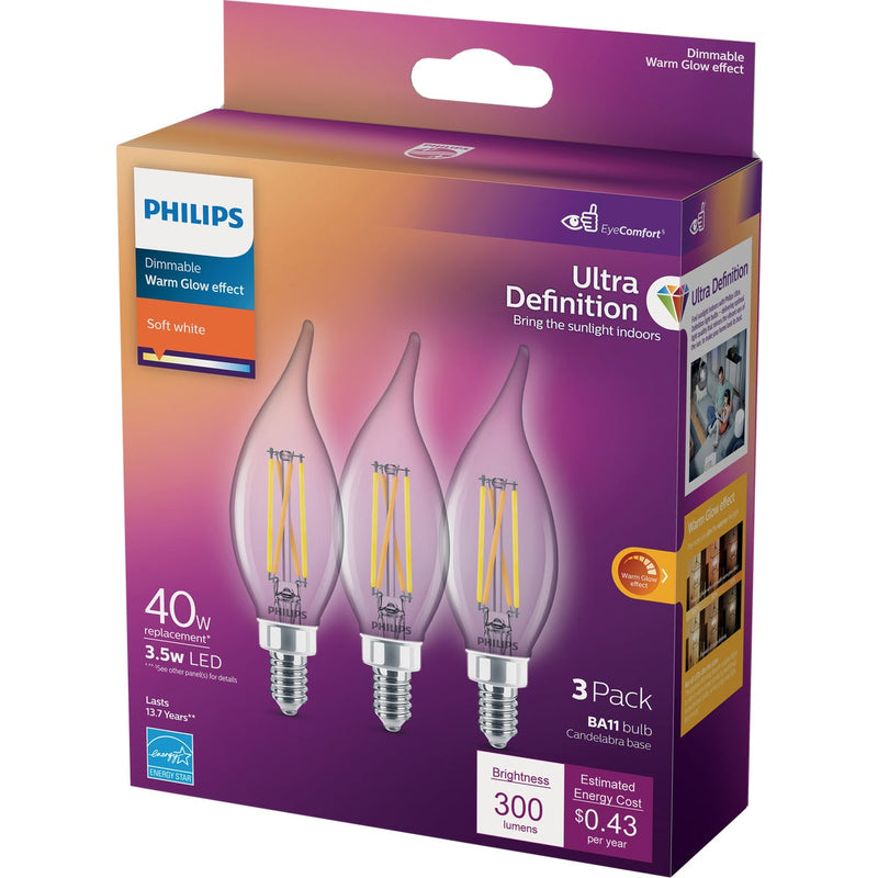 Philips Ultra Definition 40W Equivalent Soft White BA11 Candelabra LED Decorative Light Bulb (3-Pack)