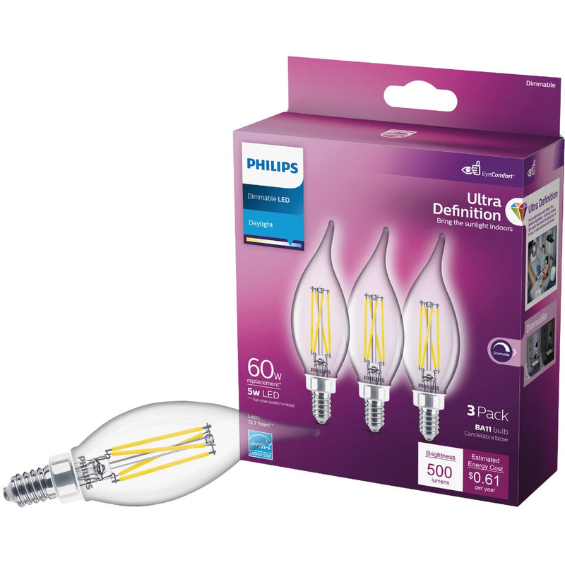 Philips Ultra Definition 60W Equivalent Daylight BA11 Candelabra LED Decorative Light Bulb (3-Pack)