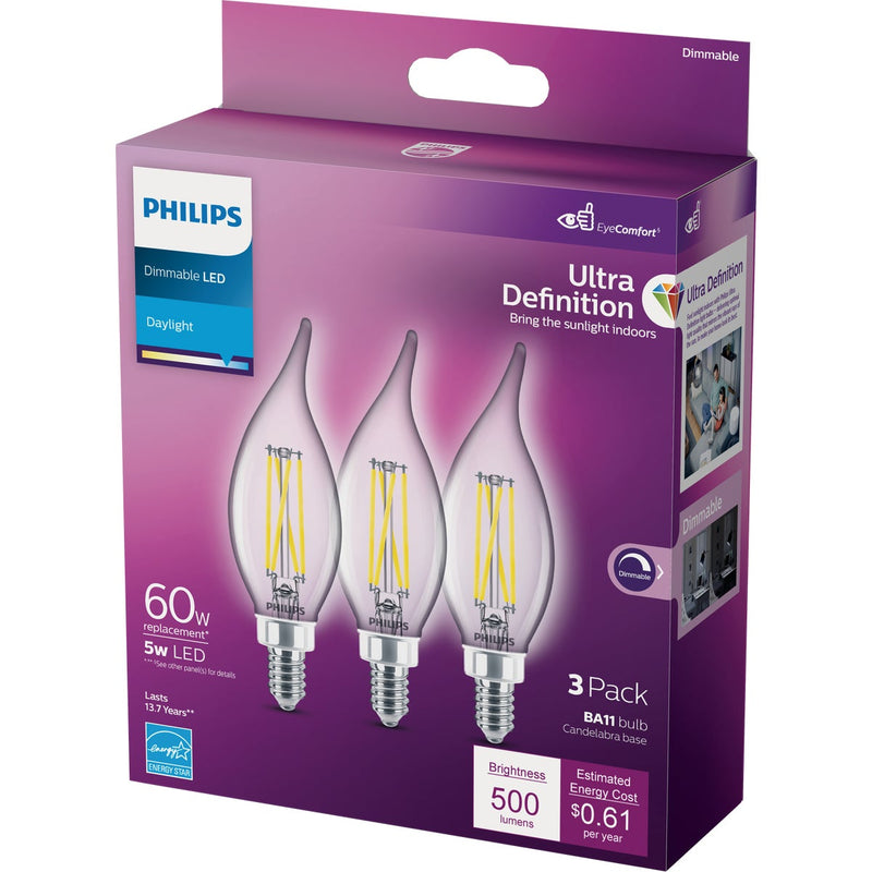 Philips Ultra Definition 60W Equivalent Daylight BA11 Candelabra LED Decorative Light Bulb (3-Pack)