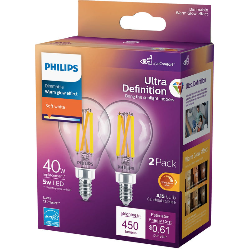 Philips Ultra Definition Warm Glow 40W Equivalent Soft White A15 Candelabra LED Light Bulb (2-Pack)