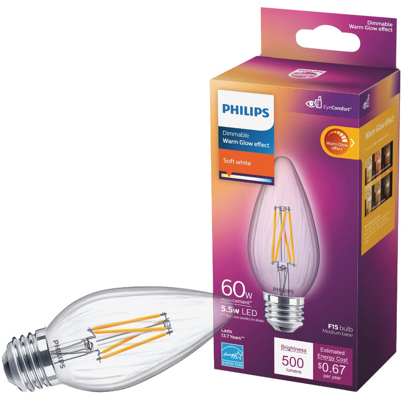 Philips Warm Glow 60W Equivalent Soft White F15 Medium Dimmable Post LED Decorative Light Bulb