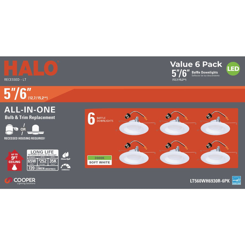 Halo 5 in./6 in. Retrofit IC Rated White LED Recessed Light Fixture (6-Pack)