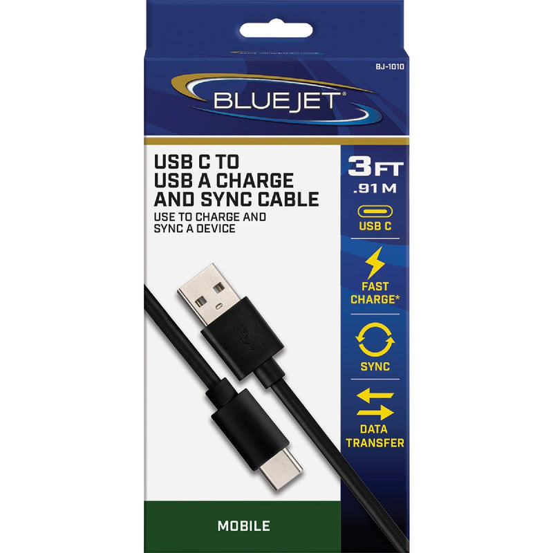 Blue Jet 3 Ft. Black Type-C USB to Type-A USB Charging & Sync Cable
