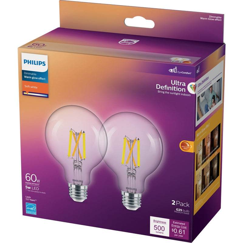 Philips Ultra Definition 60W Equivalent Soft White G25 Medium LED Decorative Light Bulb (2-Pack)