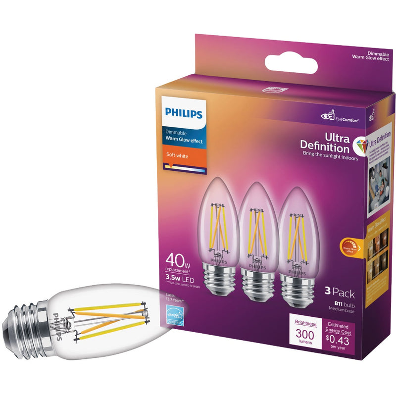 Philips Ultra Definition 40W Equivalent Soft White B11 Medium LED Decorative Light Bulb (3-Pack)