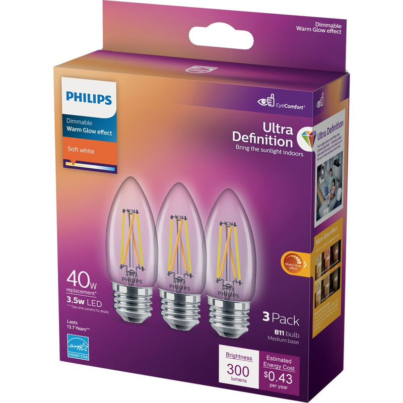 Philips Ultra Definition 40W Equivalent Soft White B11 Medium LED Decorative Light Bulb (3-Pack)