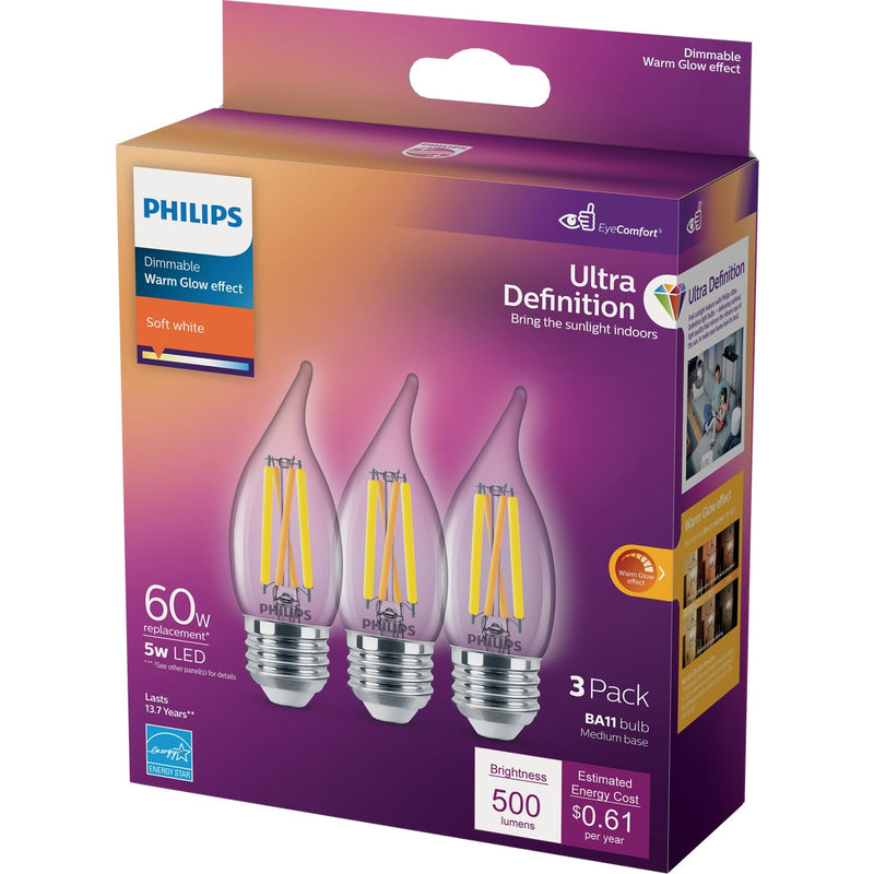 Philips Ultra Definition 60W Equivalent Soft White BA11 Medium LED Decorative Light Bulb (3-Pack)