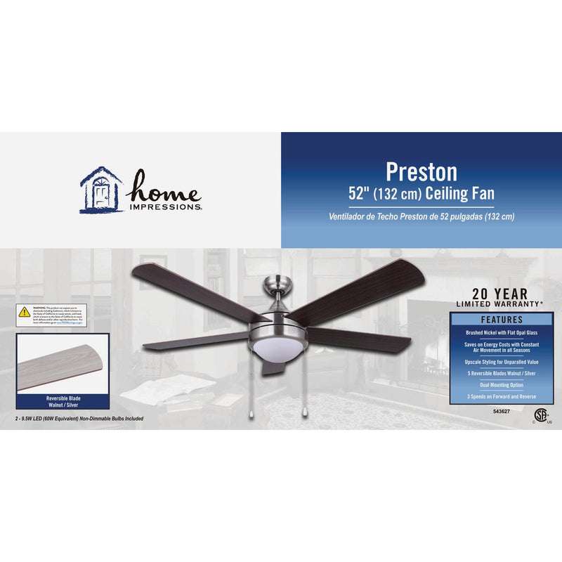 Home Impressions Preston 52 In. Brushed Nickel Ceiling Fan with Light Kit