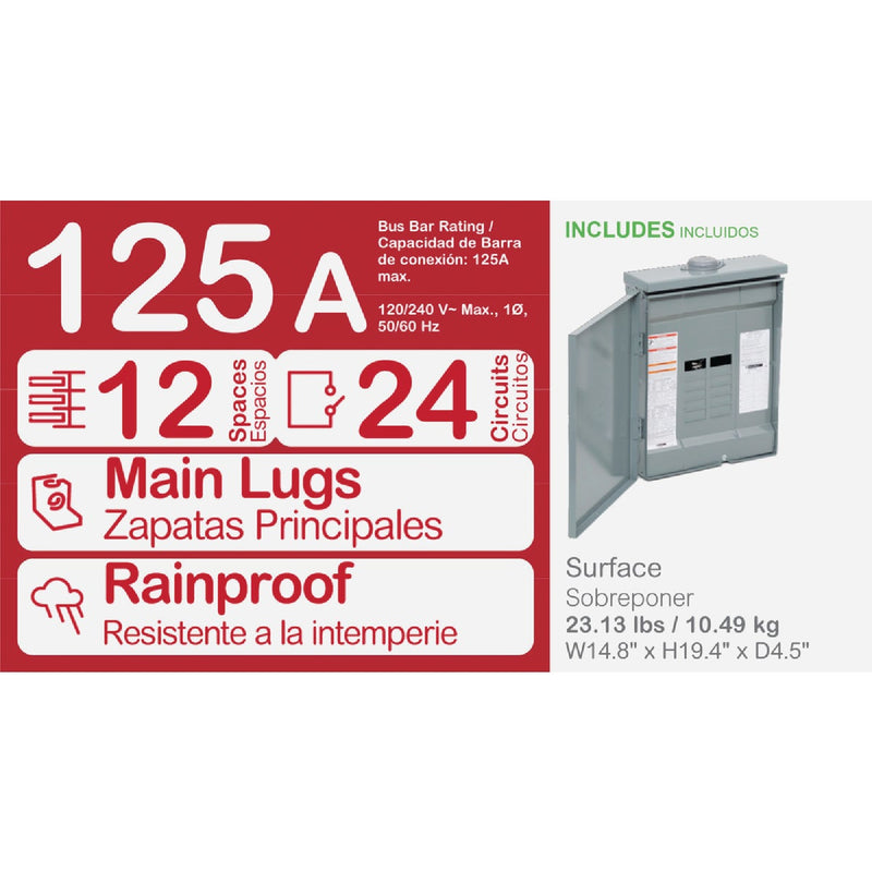 Square D Homeline 125A 12-Space 24-Circuit Raintight Main Lug Plug-on Neutral Load Center