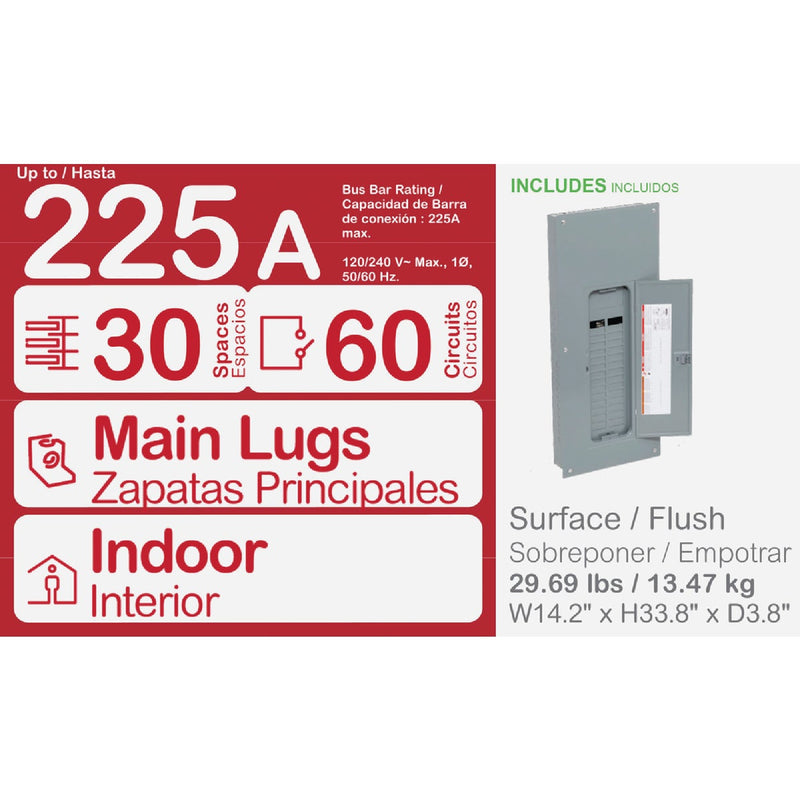 Square D Homeline 225A 30-Space 60-Circuit Indoor Main Lug Plug-on Neutral Load Center