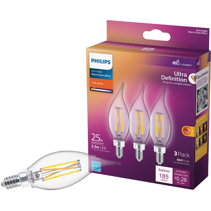 Philips Ultra Definition 25W Equivalent Soft White BA11 Candelabra LED Decorative Light Bulb (3-Pack)