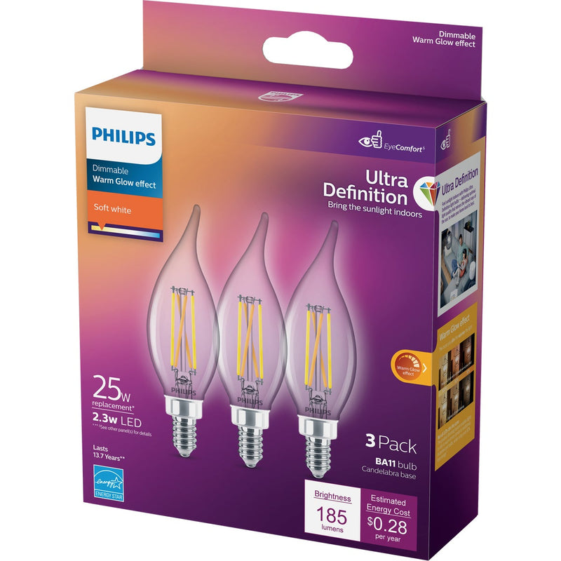 Philips Ultra Definition 25W Equivalent Soft White BA11 Candelabra LED Decorative Light Bulb (3-Pack)