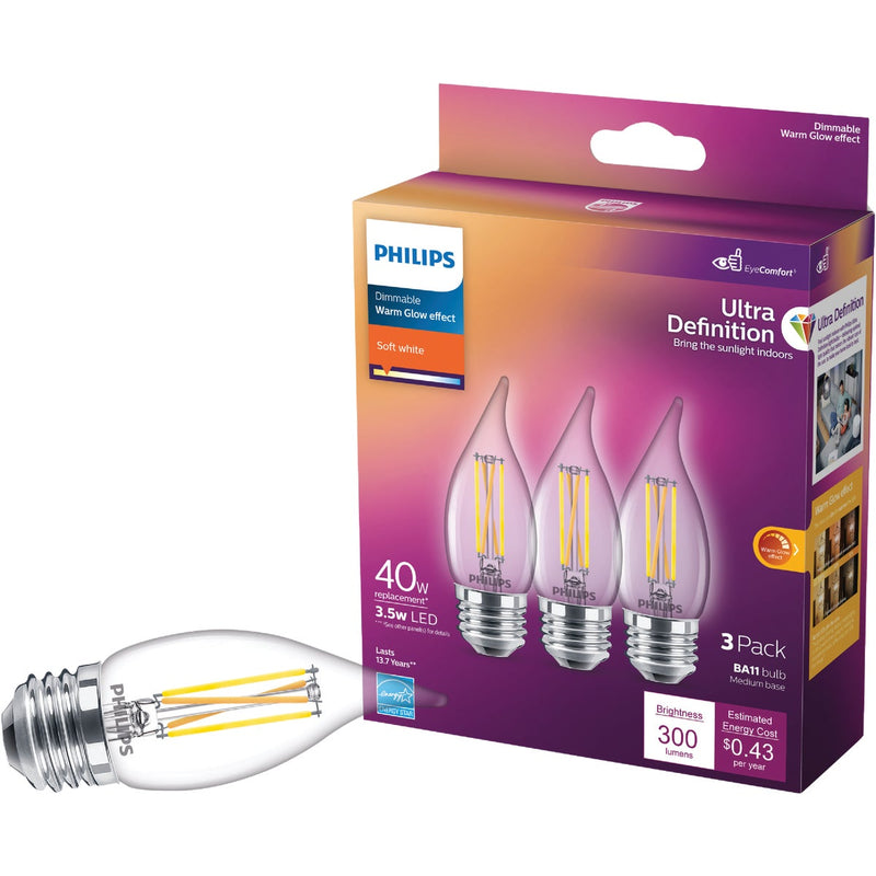 Philips Ultra Definition 40W Equivalent Soft White BA11 Medium LED Decorative Light Bulb (3-Pack)